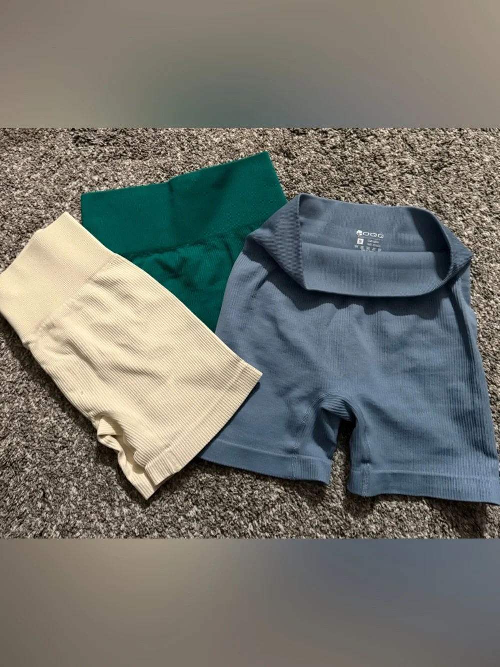 Three Ribbed Seamless Biker Shorts - Teal, Blue, Cream - Picture 1 of 5